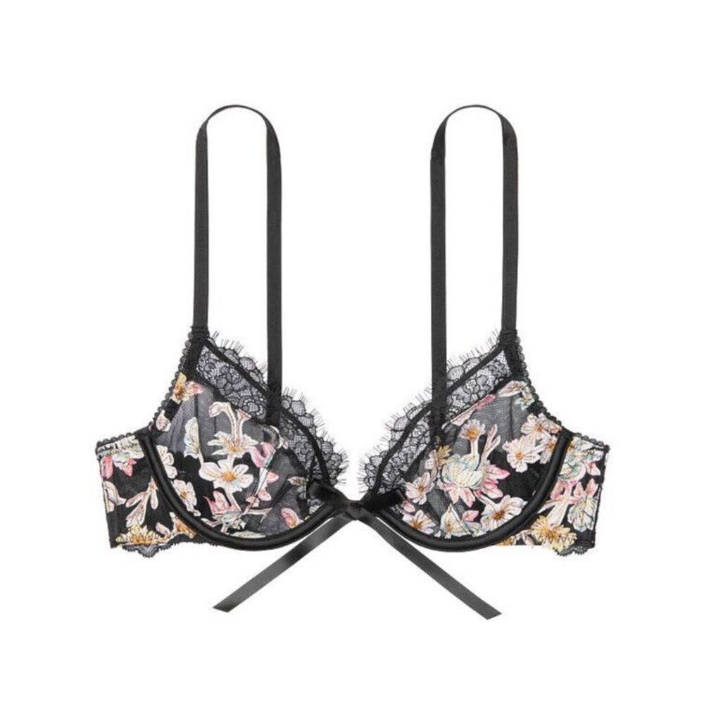 Victoria's Secret DREAM ANGELS Unlined Demi Bra Sz 36DD‎ Black Floral Lace Mesh